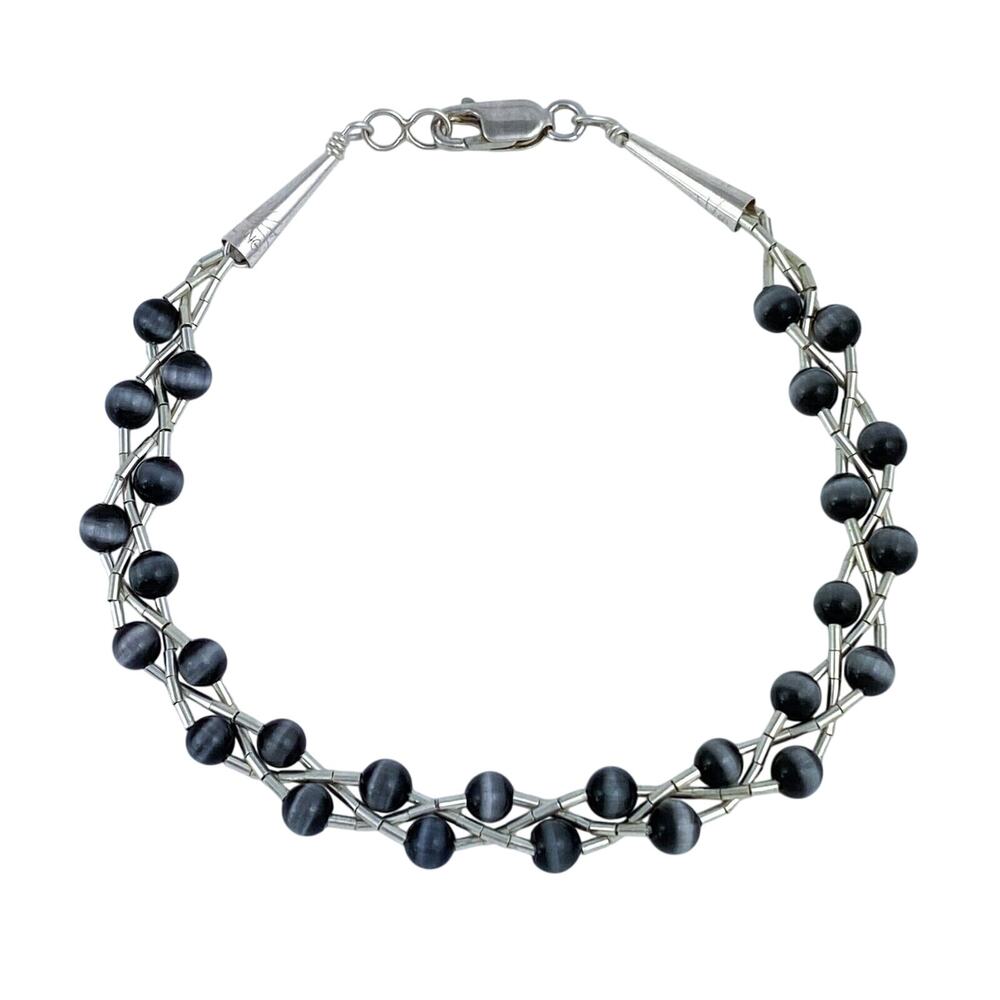 Vintage Sterling Silver 925 Black Cat’s Eye Bracelet 7.75"